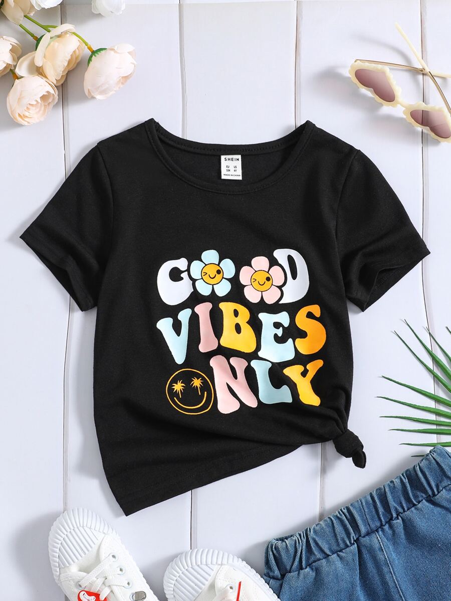SHEIN Tops con gái lớn Hoạt hình Slogan Giải trí - màu đen - Xem 1