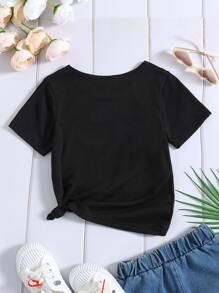 SHEIN Tops con gái lớn Hoạt hình Slogan Giải trí - màu đen - Xem 2