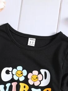 SHEIN Tops con gái lớn Hoạt hình Slogan Giải trí - màu đen - Xem 3