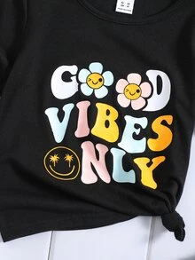 SHEIN Tops con gái lớn Hoạt hình Slogan Giải trí - màu đen - Xem 5