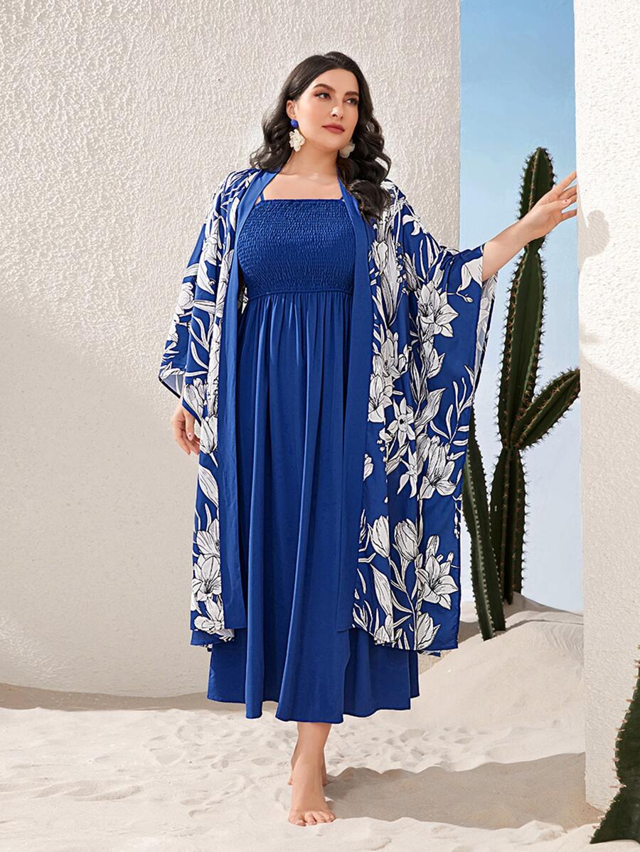 Mulvari Bộ thời trang Plus Size Dải chun Hoa Boho - Màu xanh lam - Xem 1