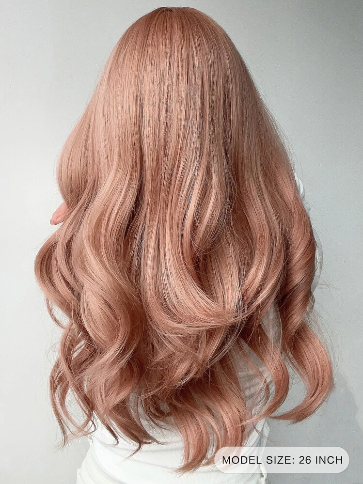 22 inch lotus root pink wavy curly hair bangs suitable for party chemical fiber women's wigs - Dusty Pink - View 2