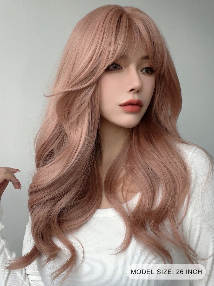 22 inch lotus root pink wavy curly hair bangs suitable for party chemical fiber women's wigs - Dusty Pink - View 3