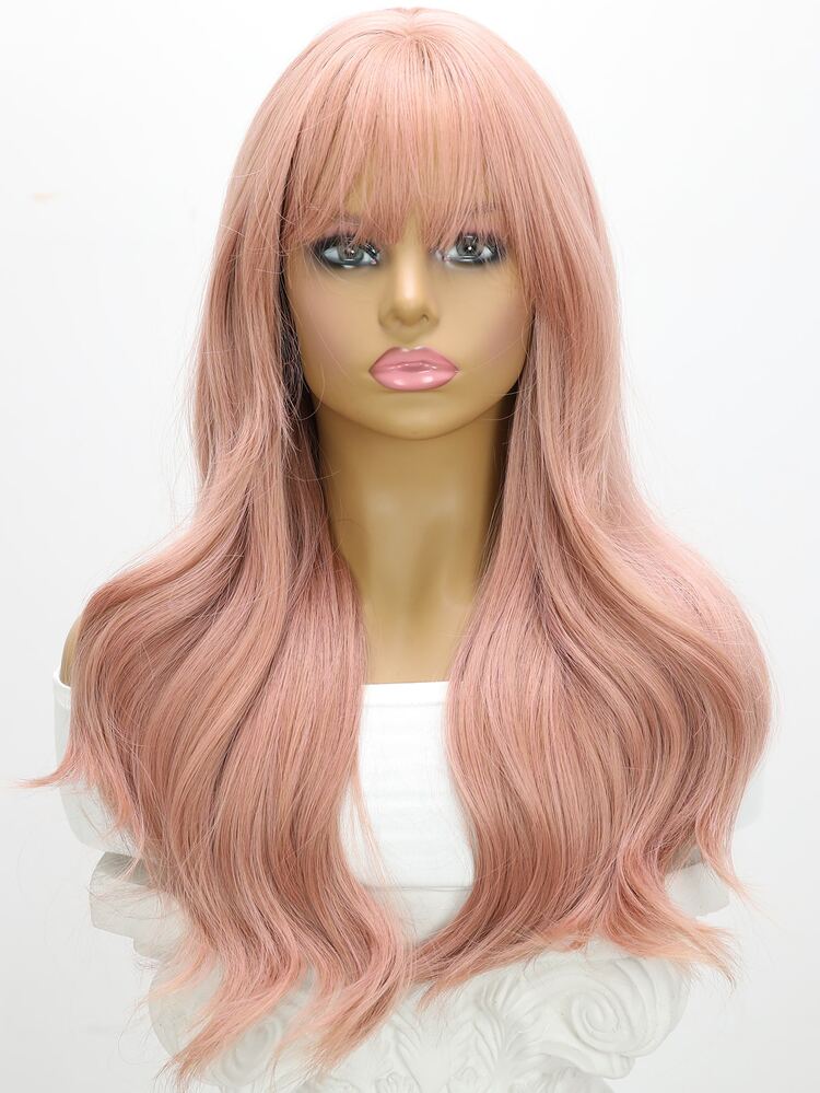 22 inch lotus root pink wavy curly hair bangs suitable for party chemical fiber women's wigs - Dusty Pink - View 5