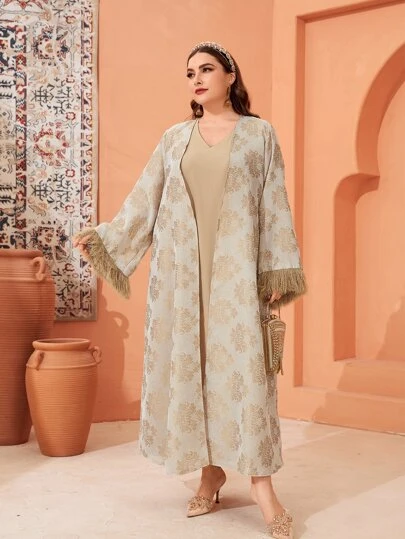 Al Najma Plus Floral Jacquard Fringe Trim Open Front Coat & Dress