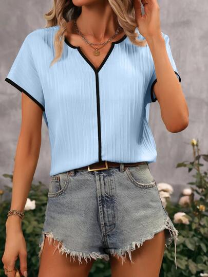 SHEIN LUNE 撞色滾邊蝙蝠袖缺口領襯衫