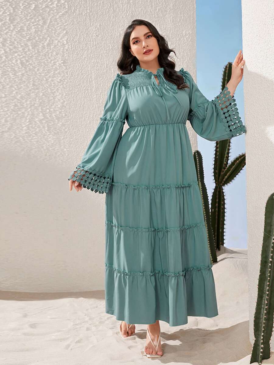 Mulvari Vestido de cuello con cordón ribete fruncido bajo con fruncido - Azul Cadete - Ver 1