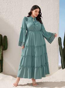 Mulvari Vestido de cuello con cordón ribete fruncido bajo con fruncido - Azul Cadete - Ver 3