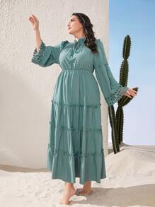 Mulvari Vestido de cuello con cordón ribete fruncido bajo con fruncido - Azul Cadete - Ver 7