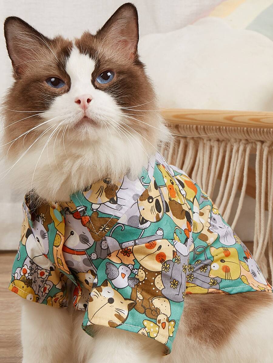 1pc Cartoon Animal Print Pet Shirt - Green - View 1