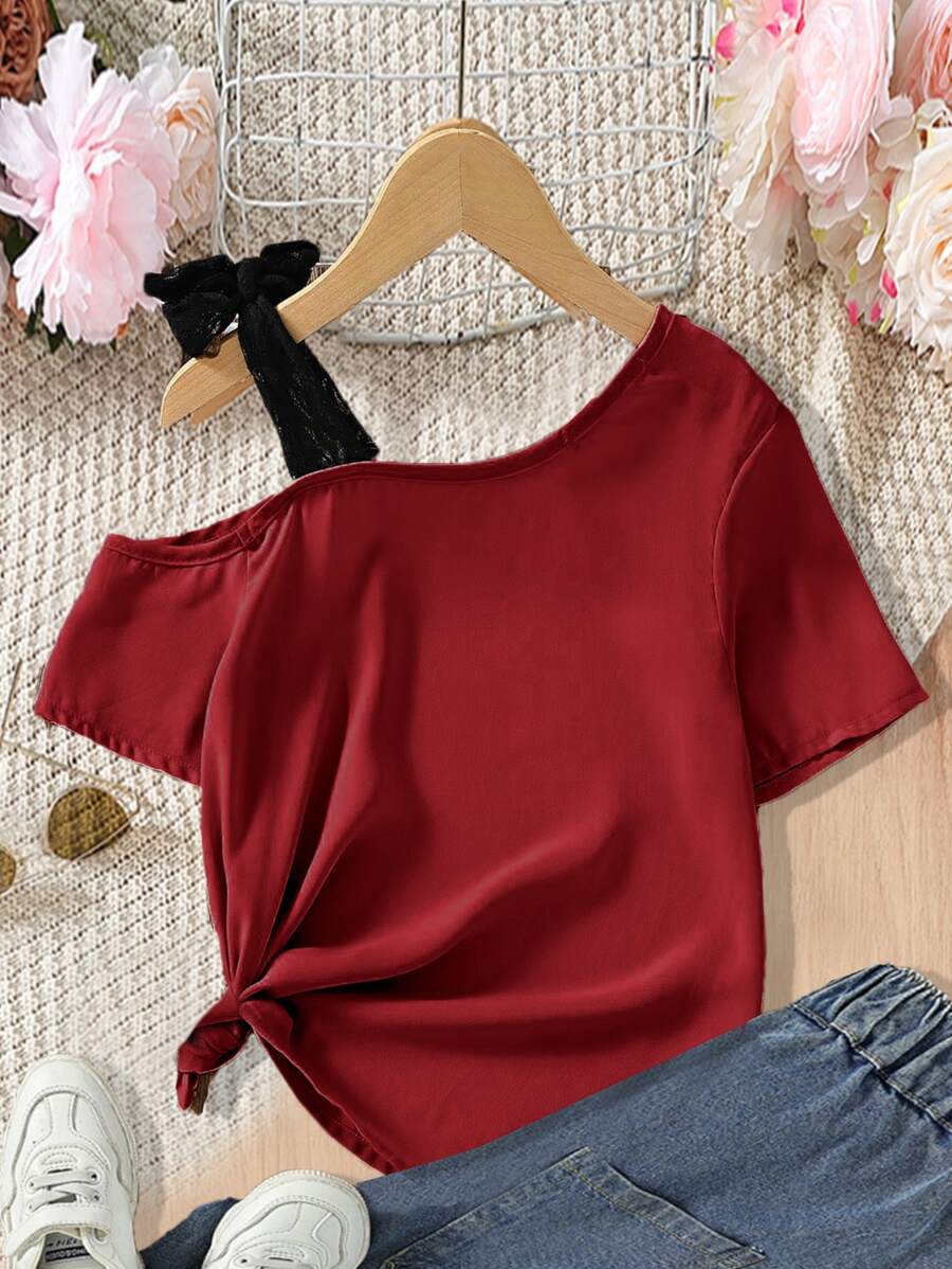 SHEIN Girls Asymmetrical Neck Knot Shoulder Blouse - Burgundy - View 1