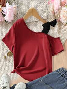 SHEIN Girls Asymmetrical Neck Knot Shoulder Blouse - Burgundy - View 2
