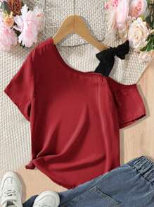 SHEIN Girls Asymmetrical Neck Knot Shoulder Blouse - Burgundy - View 5
