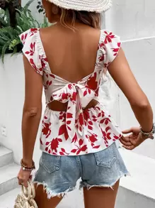 Breezaya Floral Print Tie Backless Ruffle Trim Peplum Blouse - Red and White - View 1