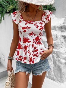 Breezaya Floral Print Tie Backless Ruffle Trim Peplum Blouse - Red and White - View 2