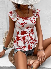 Breezaya Floral Print Tie Backless Ruffle Trim Peplum Blouse - Red and White - View 4