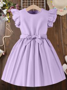 SHEIN 女童圆领双层盖袖短款优雅连衣裙 - 紫色 - 查看 4