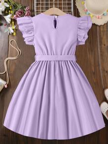 SHEIN 女童圆领双层盖袖短款优雅连衣裙 - 紫色 - 查看 2