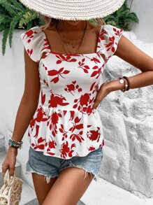 Breezaya Floral Print Tie Backless Ruffle Trim Peplum Blouse - Red and White - View 6
