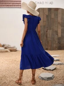 SHEIN VCAY Solid Ruffle Hem A-line Dress - Royal Blue - View 2
