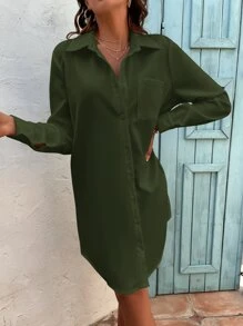 SHEIN Frenchy Solid Button Front Pocket Patched Shirt Dress - Army Green - View 3