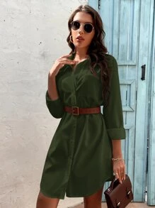 SHEIN Frenchy Solid Button Front Pocket Patched Shirt Dress - Army Green - View 4
