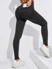 Yoga Basic 瑜伽褲襪無縫寬腰帶壓縮緊身打底褲帶側和後手機口袋 - 黑色 - 查看 1