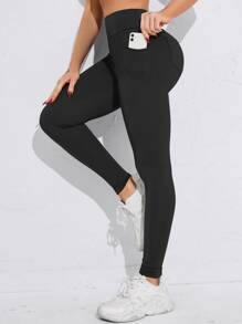 Yoga Basic 瑜伽褲襪無縫寬腰帶壓縮緊身打底褲帶側和後手機口袋 - 黑色 - 查看 2