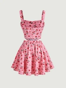 SHEIN MOD Cherry Print Tie Front Tank Top & Skirt - Multicolor - View 2