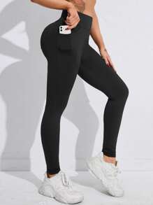 Yoga Basic 瑜伽褲襪無縫寬腰帶壓縮緊身打底褲帶側和後手機口袋 - 黑色 - 查看 3