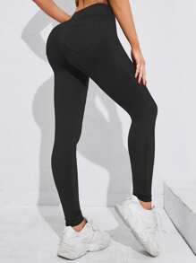 Yoga Basic 瑜伽褲襪無縫寬腰帶壓縮緊身打底褲帶側和後手機口袋 - 黑色 - 查看 5