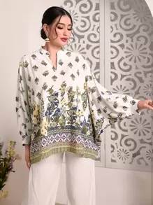 Divindia Floral Print Batwing Sleeve Notched Neckline Kurta Top - White - View 1