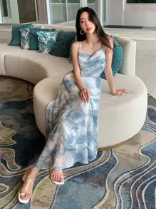 DAZY Floral Print Draped Collar Cami Dress Sundress Vacation Outfits Women - Blue and White - View 1