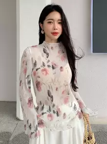 DAZY 花卉印花荷叶边高领透视上衣（不含胸罩），秋季女装长袖上衣度假装扮，复活节女装 - 彩色 - 查看 1