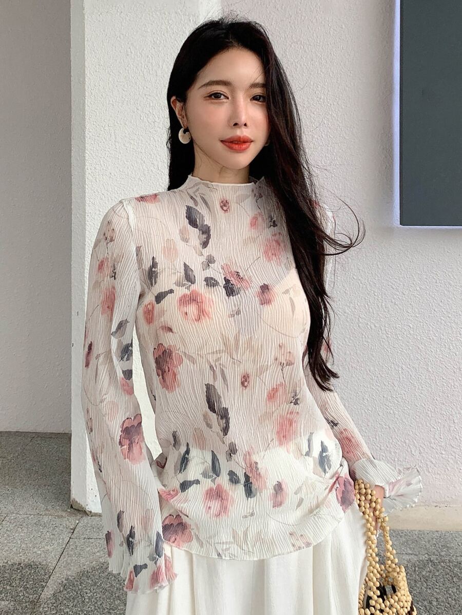 DAZY 花卉印花荷叶边高领透视上衣（不含胸罩），秋季女装长袖上衣度假装扮，复活节女装 - 彩色 - 查看 1