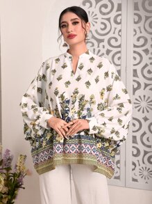 Divindia Floral Print Batwing Sleeve Notched Neckline Kurta Top - White - View 4