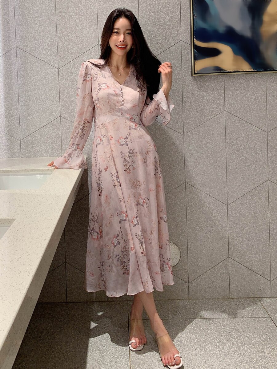 DAZY Floral Print Flounce Sleeve Dress,Fall Dress Vacation Outfits Women Maxi Dress - Pink - View 1