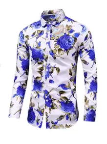 NITAGUT Men Rose Print Shirt - Blue and White - View 1