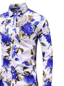 NITAGUT Men Rose Print Shirt - Blue and White - View 3