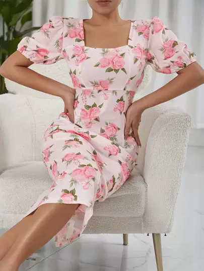 印花泡泡袖緊身連衣裙