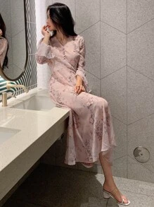 DAZY Floral Print Flounce Sleeve Dress,Fall Dress Vacation Outfits Women Maxi Dress - Pink - View 3