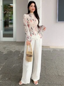 DAZY 花卉印花荷叶边高领透视上衣（不含胸罩），秋季女装长袖上衣度假装扮，复活节女装 - 彩色 - 查看 3