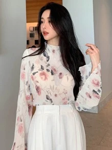 DAZY 花卉印花荷叶边高领透视上衣（不含胸罩），秋季女装长袖上衣度假装扮，复活节女装 - 彩色 - 查看 4