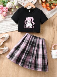 SHEIN Tween Girl Figure Graphic Tee & Tartan Print Skirt - Black - View 1
