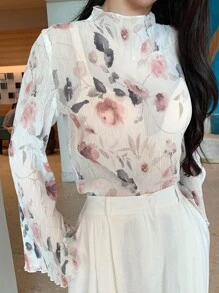 DAZY 花卉印花荷叶边高领透视上衣（不含胸罩），秋季女装长袖上衣度假装扮，复活节女装 - 彩色 - 查看 5