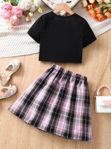 SHEIN Tween Girl Figure Graphic Tee & Tartan Print Skirt - Black - View 2