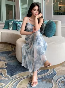 DAZY Floral Print Draped Collar Cami Dress Sundress Vacation Outfits Women - Blue and White - View 5