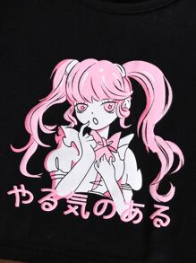 SHEIN Tween Girl Figure Graphic Tee & Tartan Print Skirt - Black - View 3