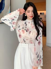 DAZY 花卉印花荷叶边高领透视上衣（不含胸罩），秋季女装长袖上衣度假装扮，复活节女装 - 彩色 - 查看 7