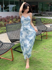 DAZY Floral Print Draped Collar Cami Dress Sundress Vacation Outfits Women - Blue and White - View 7